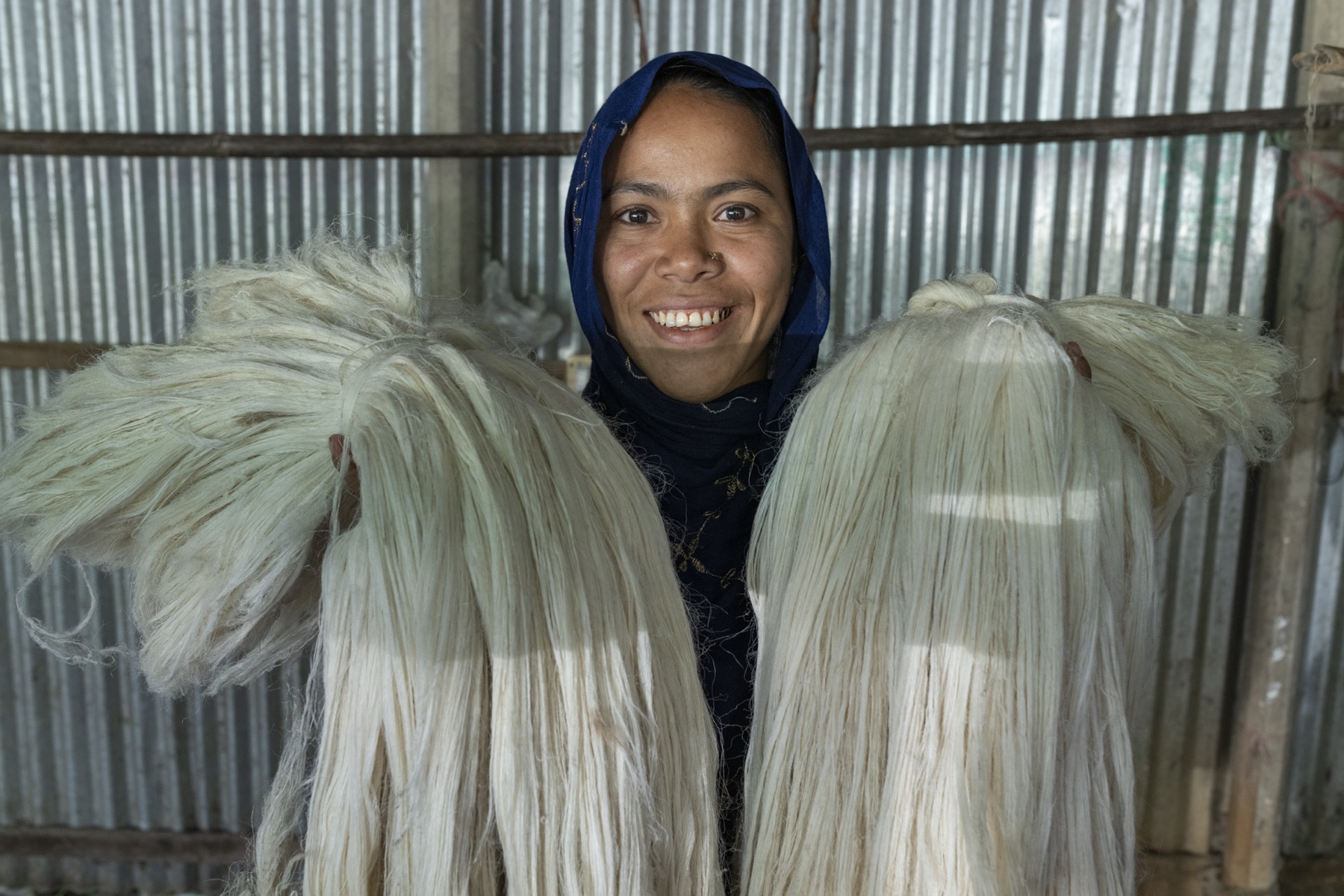 Pineapple leaf fibre being processed