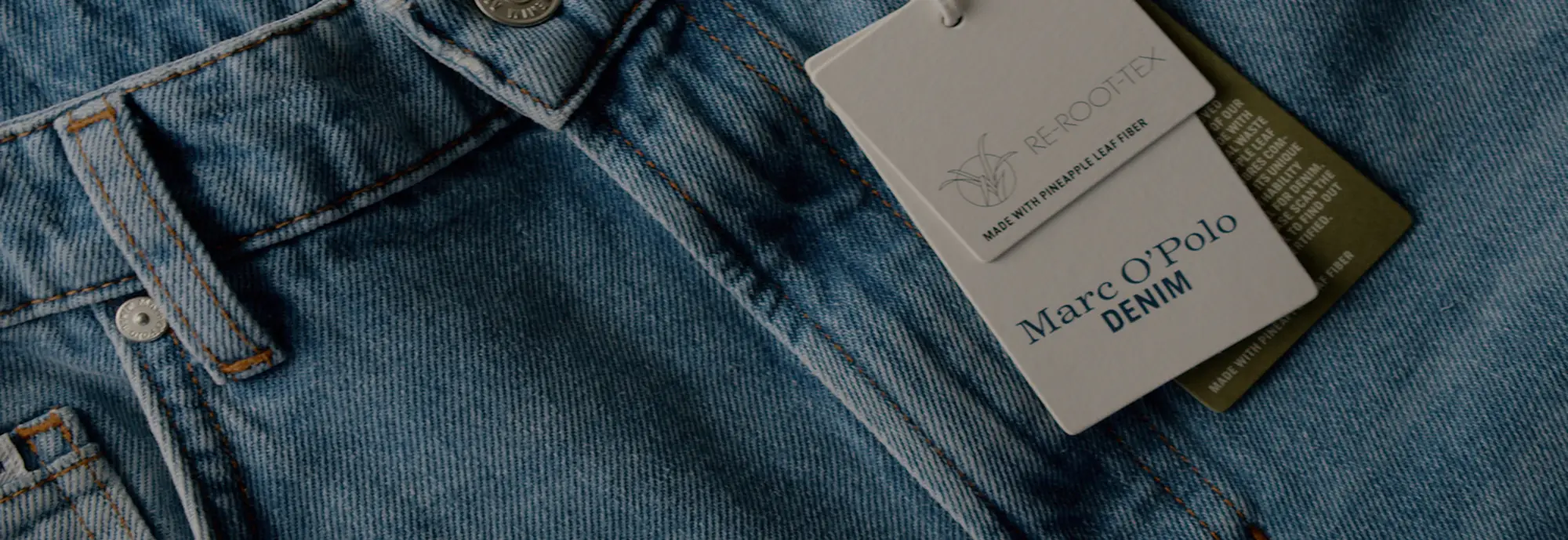 Marc O'Polo Enni jean hangtag with Re-Root-Tex pineapple leaf fibre label, on denim